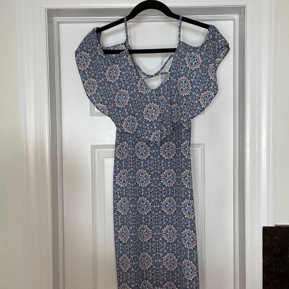 Aqua Blue and White Floral Midi Dress